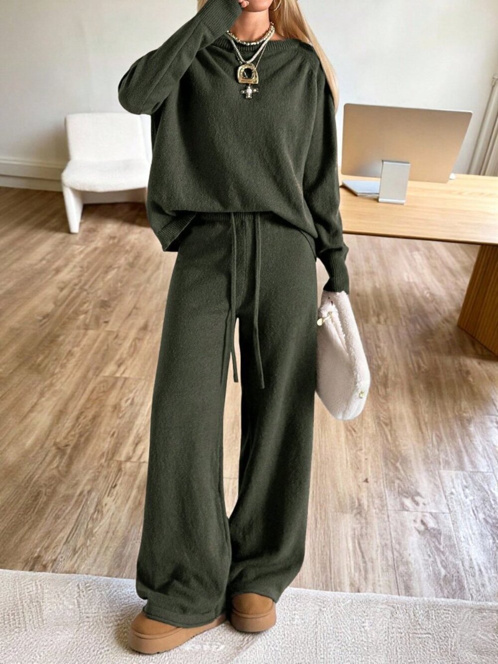 Olive Green Casual Women's Drawstring Rib-Knit Drop Shoulder Long Pants - Picture 4 of 5